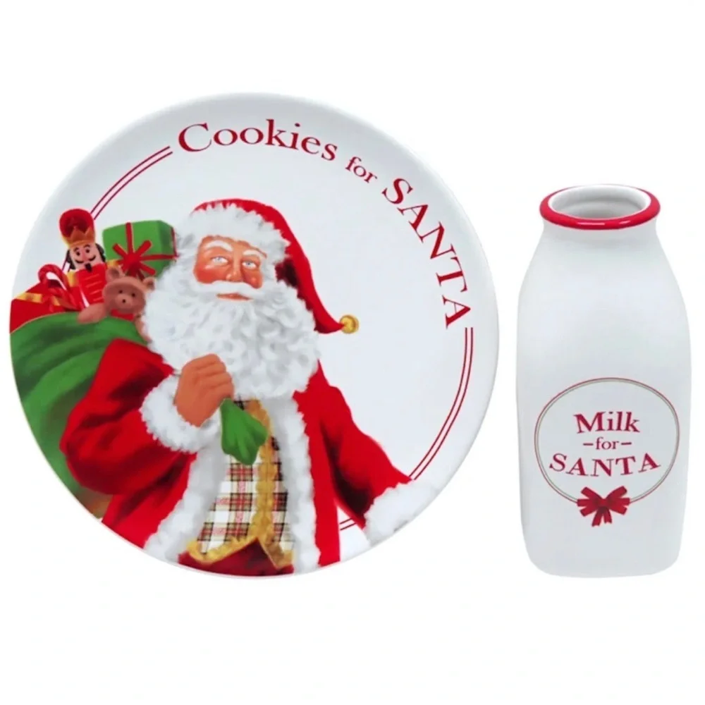 NWT Classic Christmas Milk & Cookies for Santa Set plate milk jug